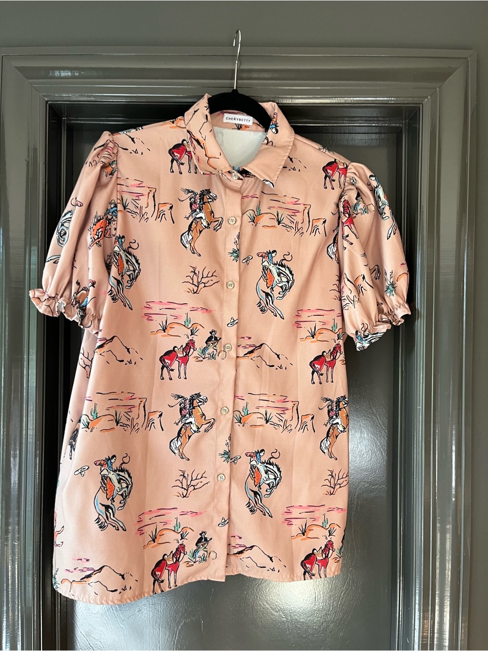 Peach Western Rider Puff Sleeve Button-Front Blouse